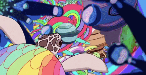 A turtle floating through a kaleidoscope of colorful illustrations.
